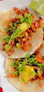 A plate of tacos with lime on a red table.