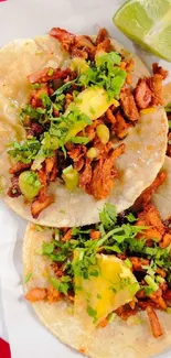 Close-up of three tacos with vibrant toppings on red background.