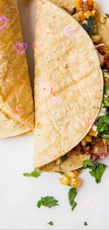 Vibrant tacos filled with corn and bacon on a white background.