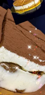 Close-up of creamy tiramisu dessert with cocoa and sparkling accents.