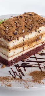 Tiramisu dessert with chocolate drizzle on a white plate.