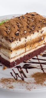 Appetizing tiramisu dessert with cocoa and cream on a styled white plate.