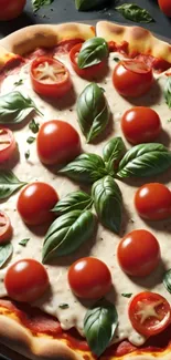A vibrant pizza topped with fresh tomatoes and basil leaves.