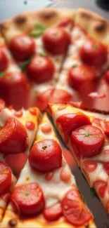 Tomato-topped pizza slices with fresh basil.