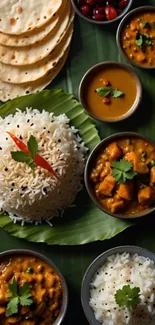 Traditional Indian meal with rice and curry on banana leaf.
