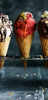 Three colorful ice cream cones displayed elegantly.