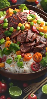 Colorful dish with rice, meats, and vegetables in a bowl.