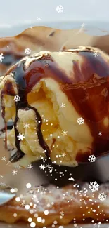 Crispy waffle topped with ice cream and chocolate on a plate.