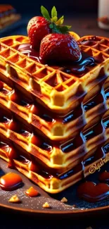 Stack of waffles with strawberries and chocolate syrup.