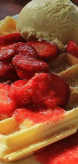 Waffles with strawberries and ice cream on a plate.