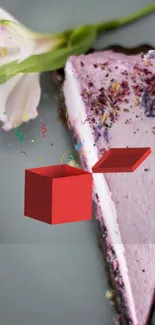 Wallpaper featuring a slice of cake with red gift box.