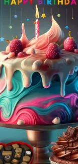 Colorful cake with strawberries and cupcake