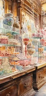 Watercolor candy store with colorful jars and vintage display.