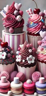 Colorful cupcakes and macarons arranged beautifully.