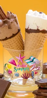 Ice cream cones in a vibrant summer setting with chocolate blocks and orange background.