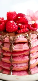 Pink pancakes with raspberries and chocolate on a floral background.