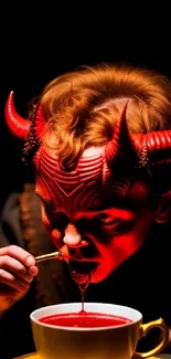 Child wearing demon mask sipping red soup in dark setting.