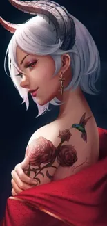 Illustration of a demon girl with white hair, horns, and a tattoo.