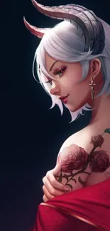 Fantasy art of a white-haired demon girl with horns and a rose tattoo.