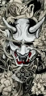 Demon mask artwork with intricate designs and a dark theme.