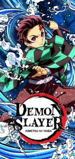 Demon Slayer anime wallpaper with Tanjiro amidst blue waves.