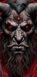 Demonic face with red eyes and horns artwork.