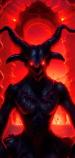 Fiery demon with glowing eyes in a dark fantasy setting.