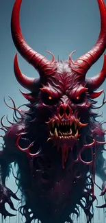 Eerie demonic creature with horns in vivid dark red on a phone wallpaper.