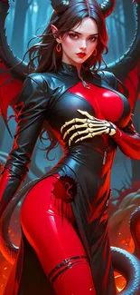 Demonic female with red wings in a dark fantasy setting.