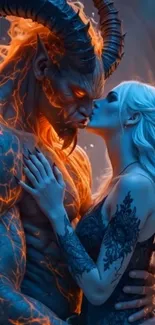 A demon and woman embracing passionately in a fiery scene.