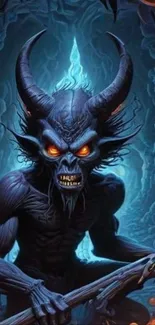 Demonic creature with horns in a dark cave setting with fiery eyes.