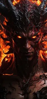 Fiery demon fantasy artwork wallpaper with intense flames and dark theme.