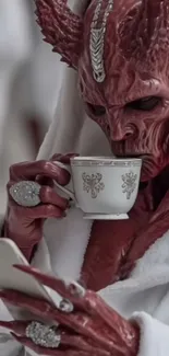 Demon sipping tea while on phone in white robe.