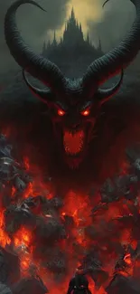 Demonic creature in fiery hellish scene wallpaper.