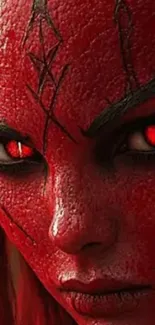 Mysterious demonic figure with red skin and piercing eyes.