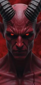 Demonic figure with horned head and fiery red eyes.