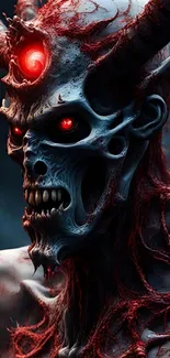 Eerie demon with glowing red eyes in dark fantasy art.