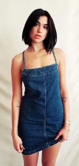 Woman in a denim dress on a minimalist background wallpaper.