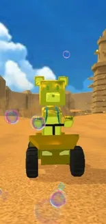 Cartoon blocky character racing in a desert landscape game setting.