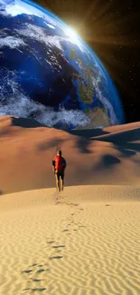 Traveler in desert with Earth in background and radiant sun.