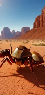 Realistic ant in a vivid desert landscape with dramatic cliffs.