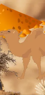 Surreal camel with cheese in brown desert background wallpaper.