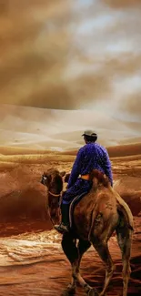 A lone traveler rides a camel across a vast, tranquil desert landscape.