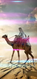 Camel rider in desert with colorful sky.