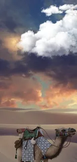 Camel traversing desert dunes under colorful clouds.