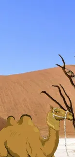 Camel with barren trees in a desert against a blue sky.