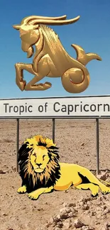 Capricorn symbol and lion in desert with blue sky.