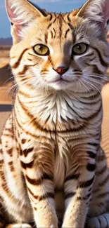 Striped cat in sand dunes with a serene desert landscape.