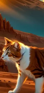 Cat walking in a glowing desert landscape at sunset.