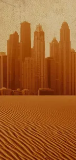 Sandy brown cityscape against desert dunes.